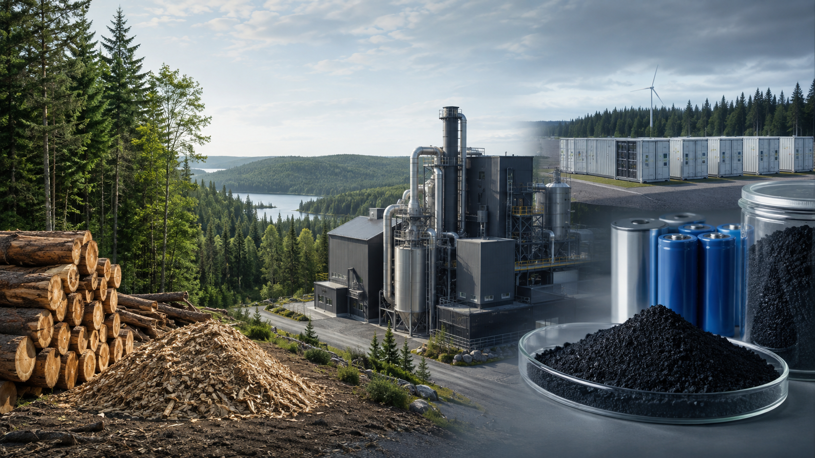 Canadian forest biomass, advanced carbon manufacturing, engineered carbon and stationary battery storage