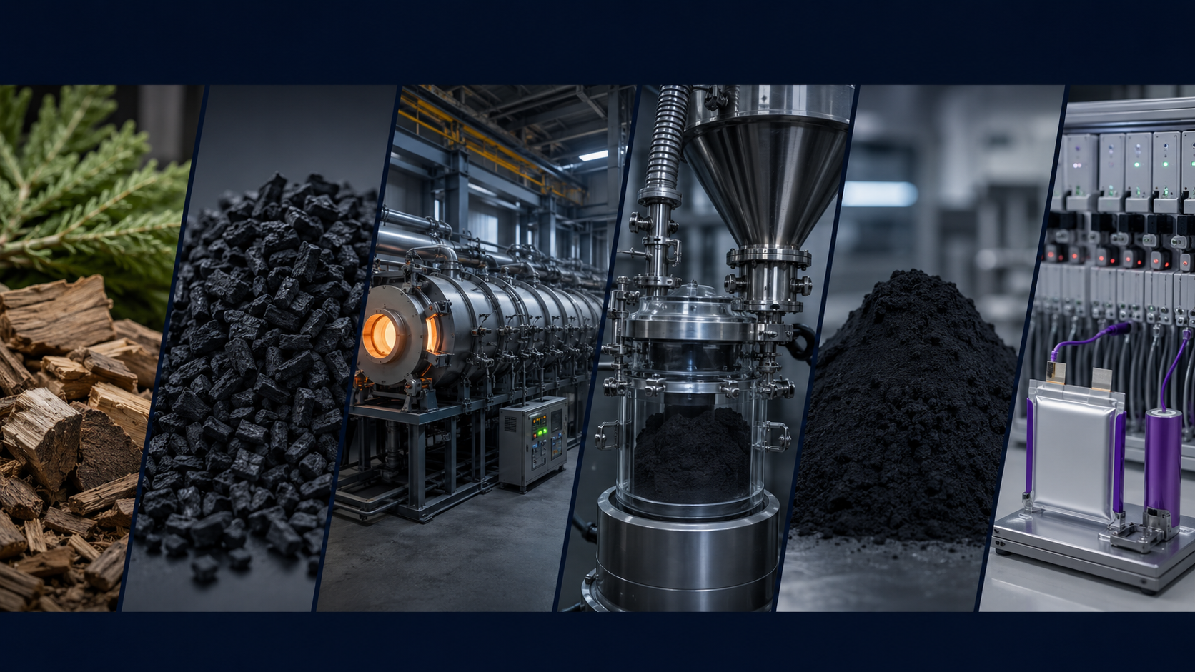 Visual progression from Canadian woody biomass through engineered carbon and industrial processing to hard carbon and cell qualification